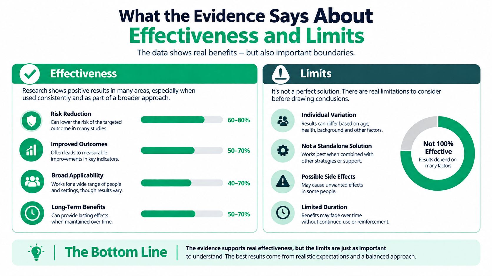 An infographic titled What the Evidence Says About Effectiveness and Limits detailing research results and considerations.