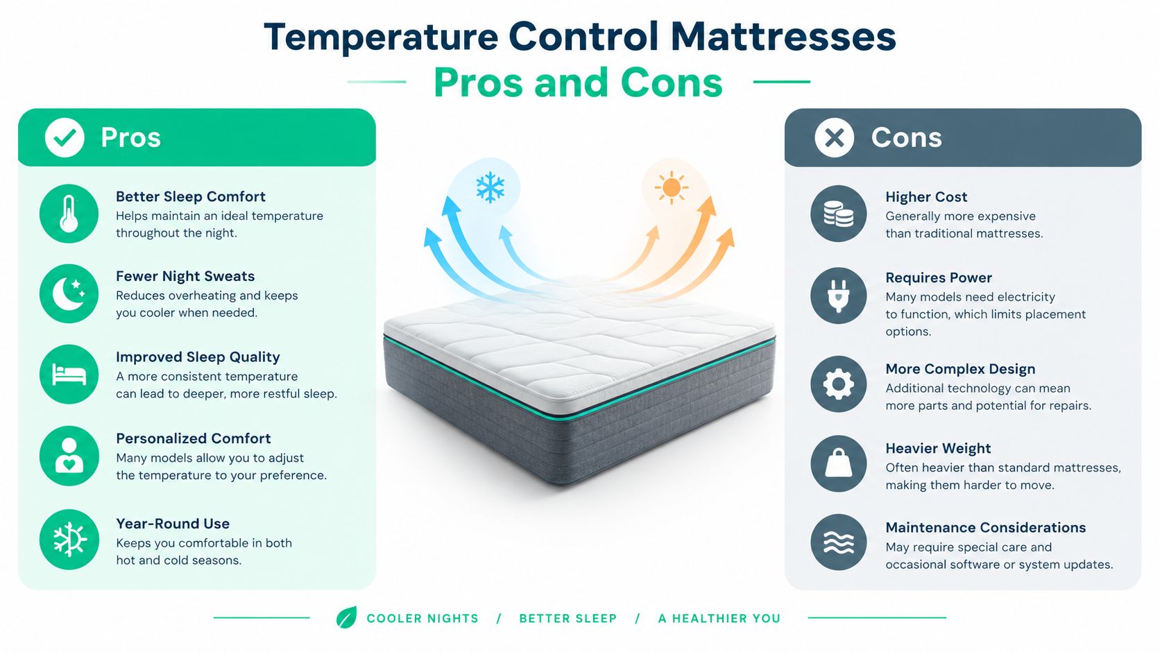 An infographic showing the pros and cons of temperature control mattresses for better sleep quality.