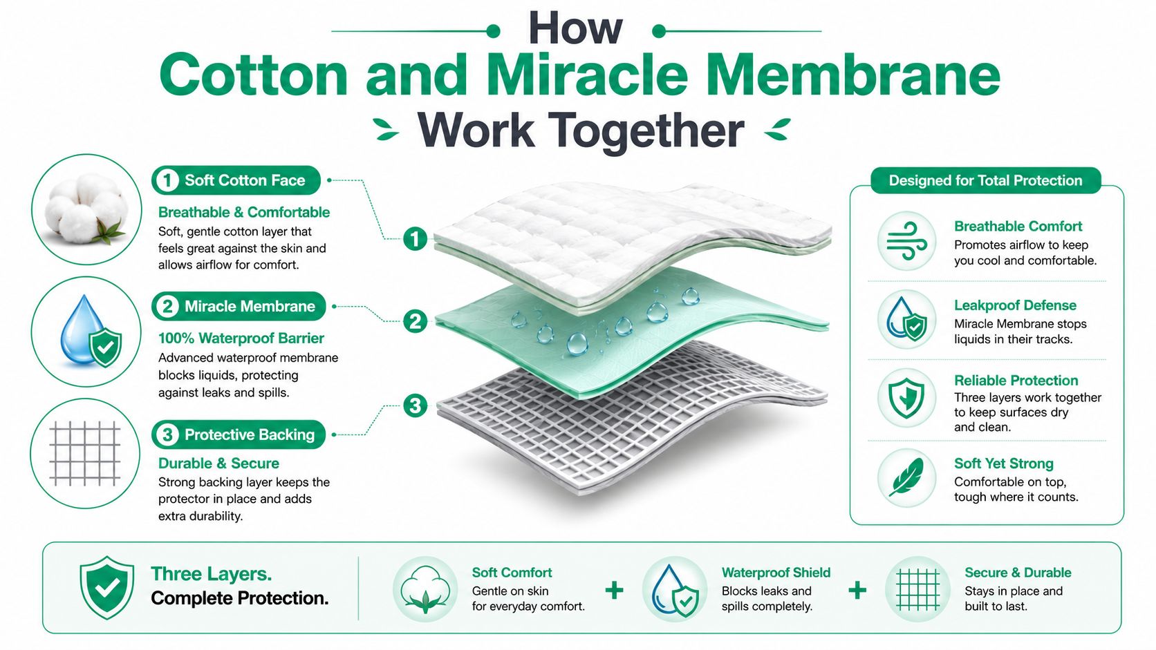 A diagram explaining the three-layer construction of a waterproof mattress protector featuring cotton and miracle membrane technology.