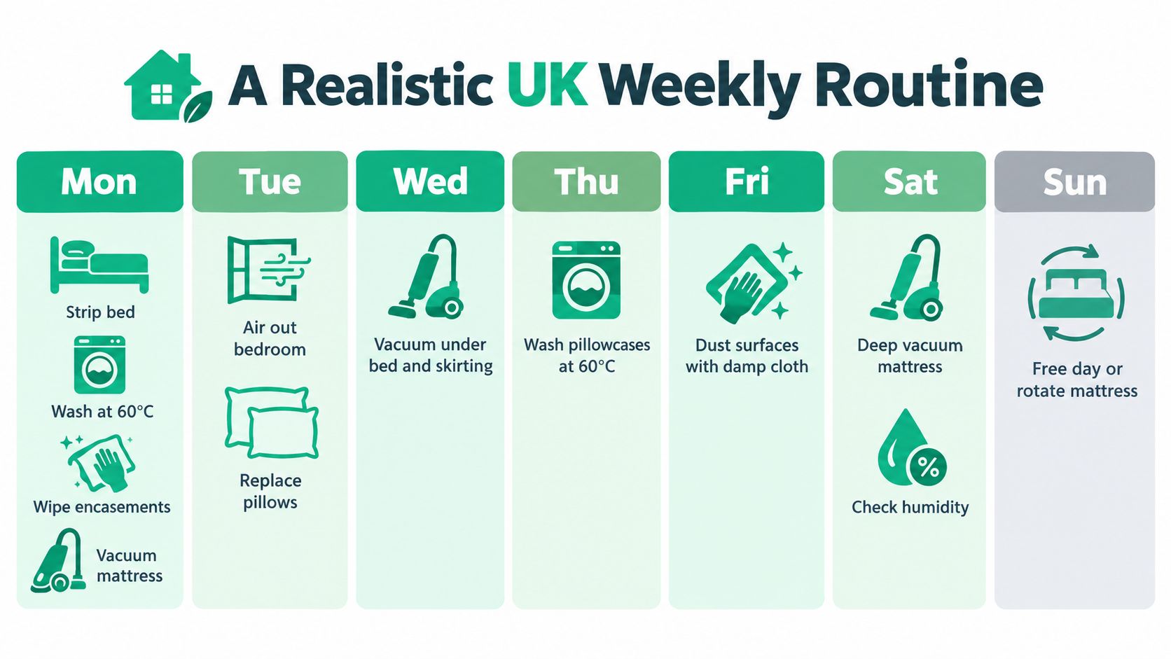 A weekly household routine infographic outlining cleaning tasks to help prevent dust mite allergies in the bedroom.