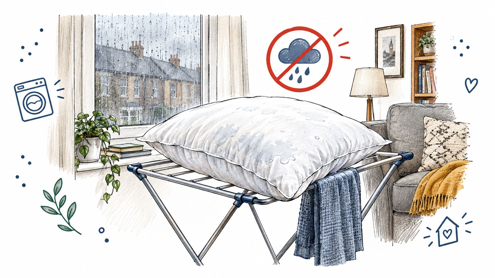 A white pillow drying on a metal rack inside a cozy living room with a rainy window.