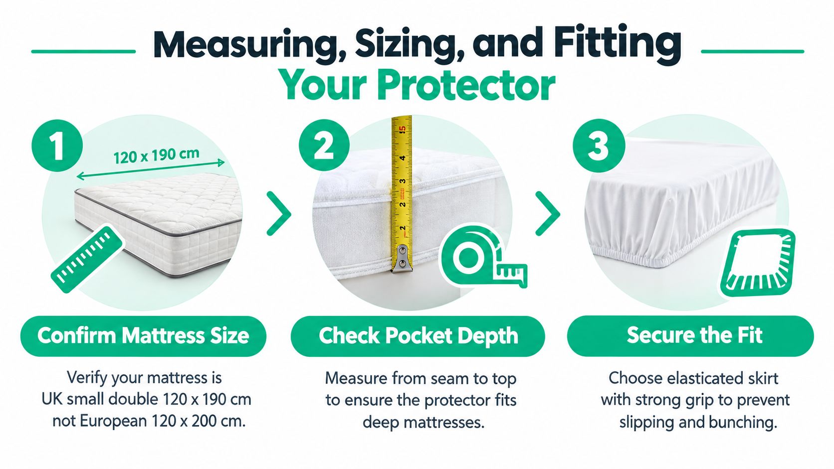 An instructional graphic explaining how to measure and fit a UK small double waterproof mattress protector.