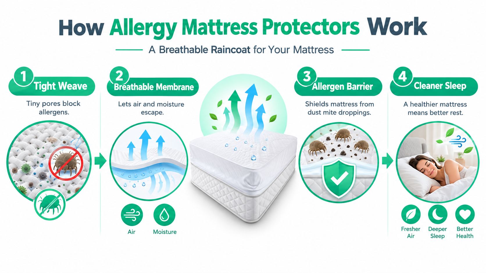An infographic titled How Allergy Mattress Protectors Work, showing four steps from tight fabric weave to better sleep.