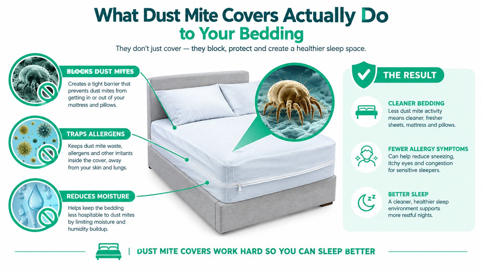 A diagram explaining how dust mite covers protect bedding to provide a cleaner, healthier sleeping environment.