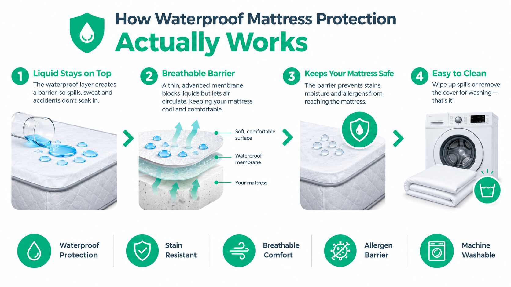 An infographic explaining how a waterproof mattress protector keeps mattresses dry, breathable, stain-free, and machine washable.