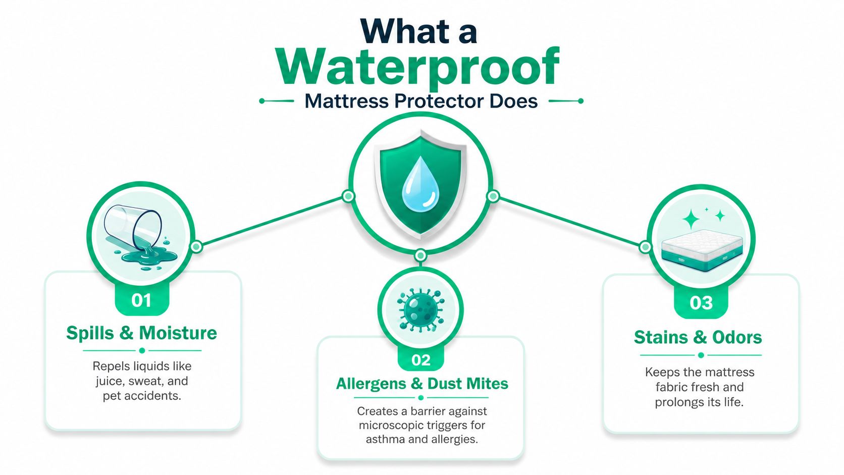 An infographic showing that a waterproof mattress protector prevents spills, repels allergens, and eliminates stains and odors.