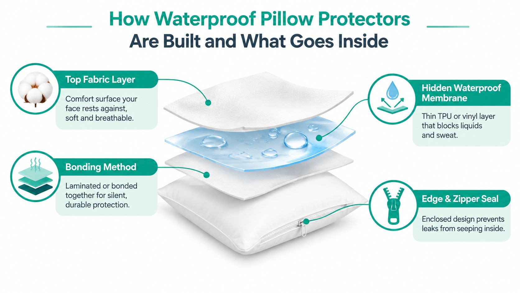A diagram illustrating the layered construction of a waterproof pillow protector with descriptive labels and icons.