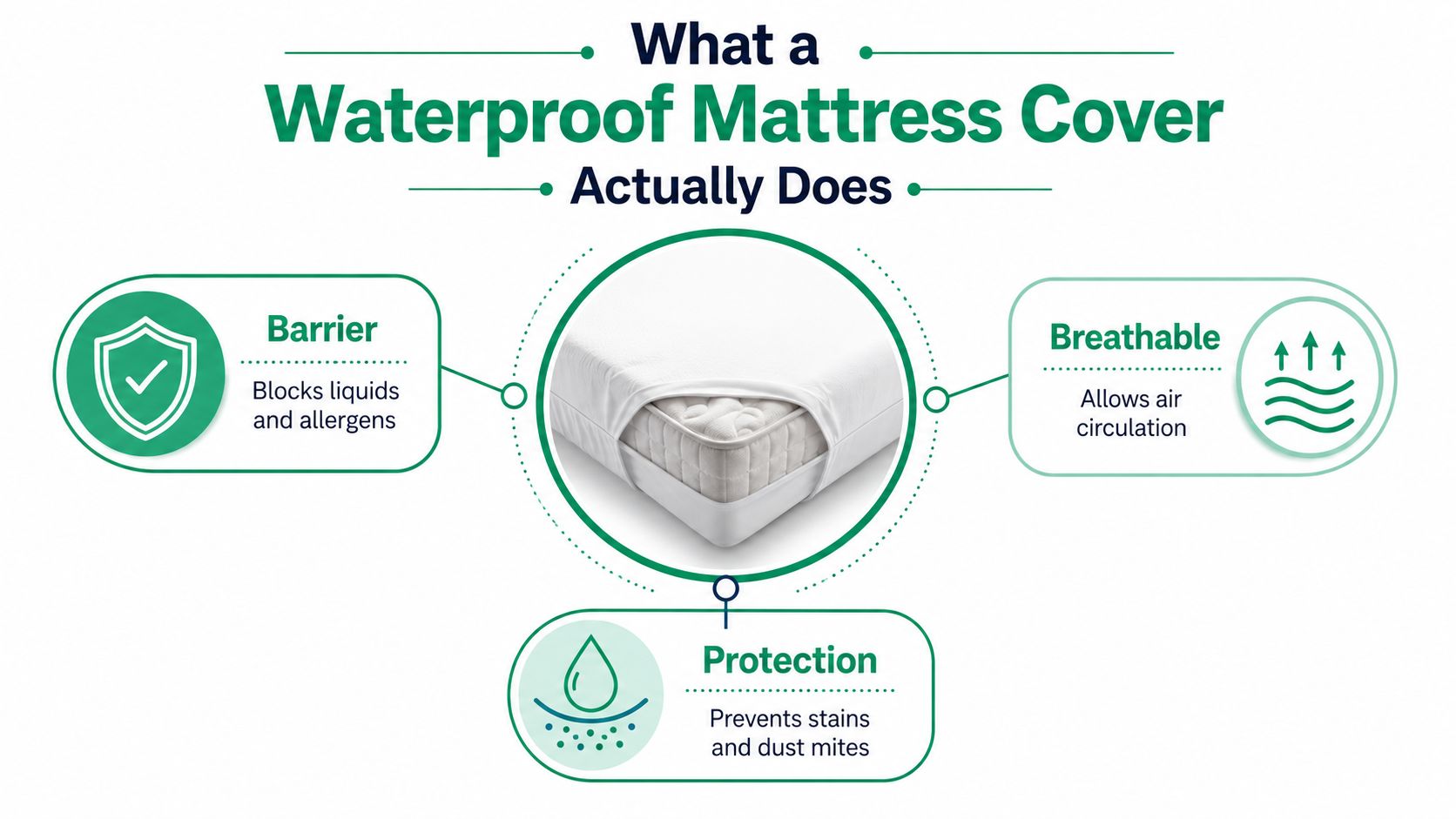 An infographic illustrating the benefits of a waterproof mattress cover, including barrier protection, breathability, and stain prevention.