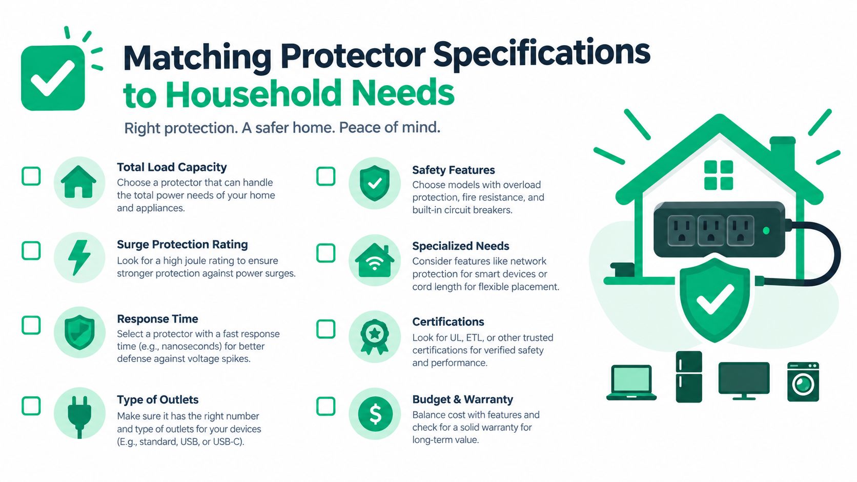 A helpful infographic outlining key factors to consider when selecting surge protectors for household safety and electronics.