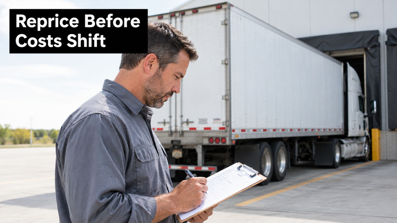 A logistics worker in a gray shirt reviewing paperwork outside a semi-truck at a loading dock.