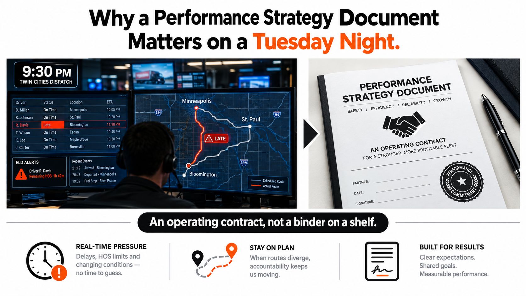 A performance strategy document is displayed alongside a truck dispatcher monitoring a late delivery on a map.
