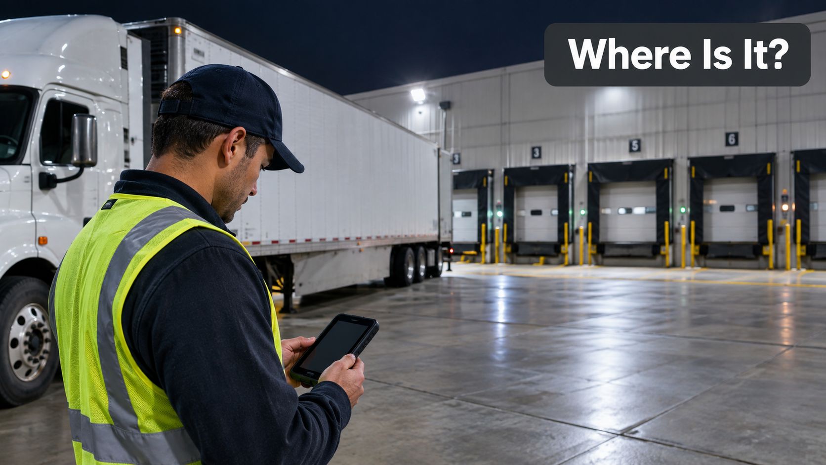 A logistics worker using a tablet while standing near a semi-truck at a loading dock at night.