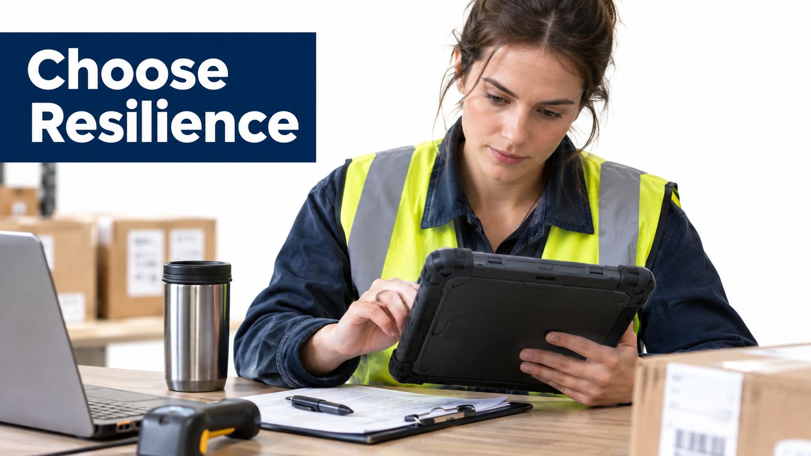 A female warehouse worker in a high-visibility vest uses a rugged tablet to check inventory at her desk.