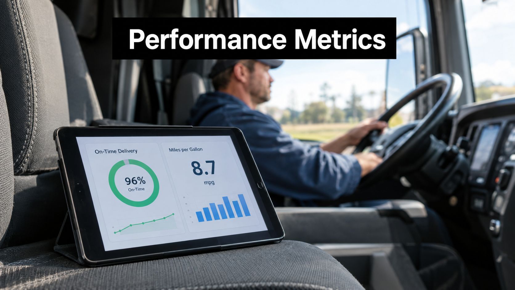 A digital tablet displaying truck performance metrics sits on the passenger seat of a commercial truck.
