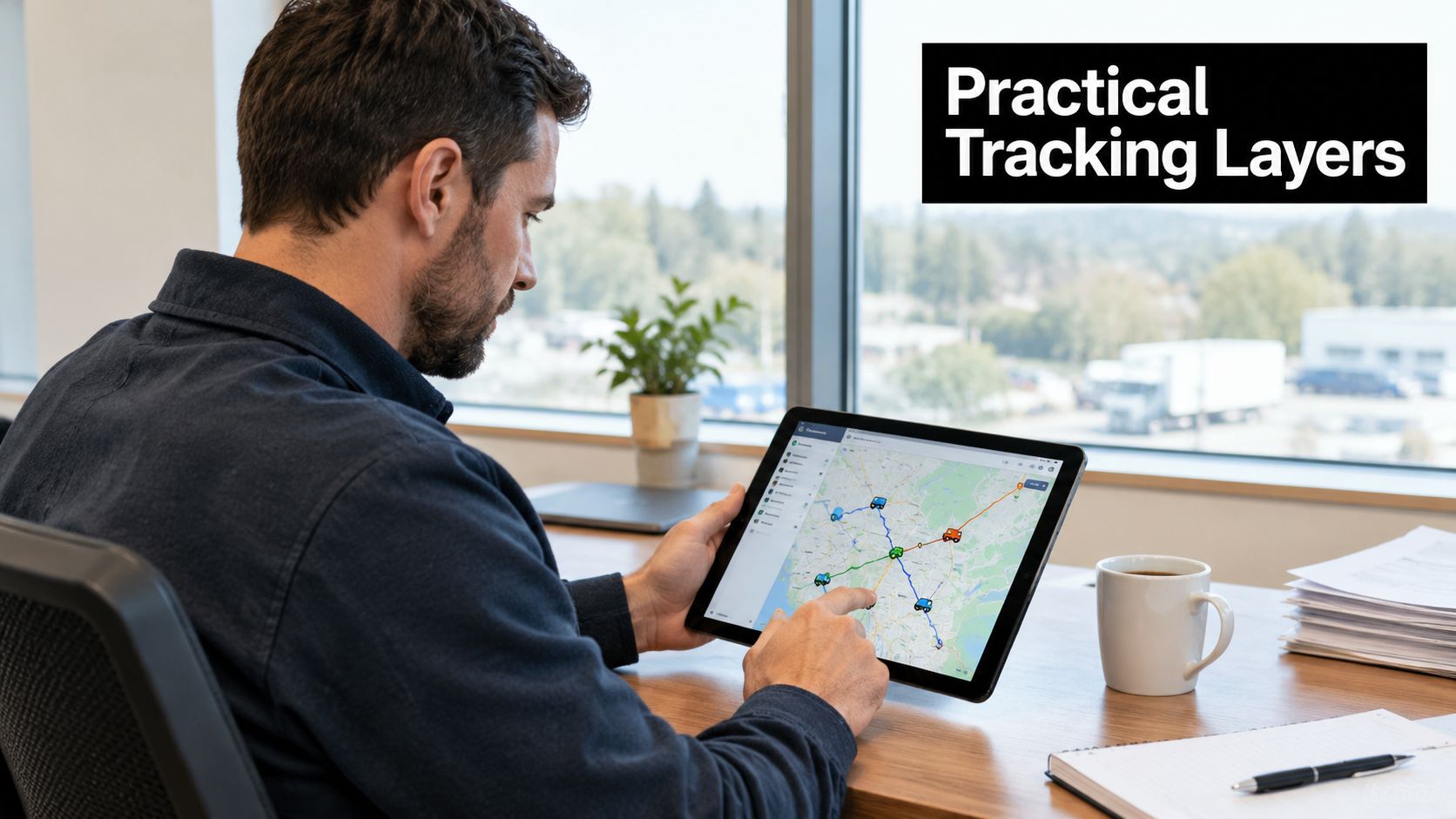 A professional man reviewing asset management software on a tablet screen in a bright office environment.