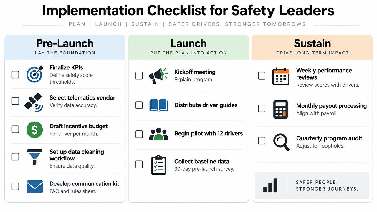 An implementation checklist for safety leaders focusing on planning, launching, and sustaining driver safety incentive programs.