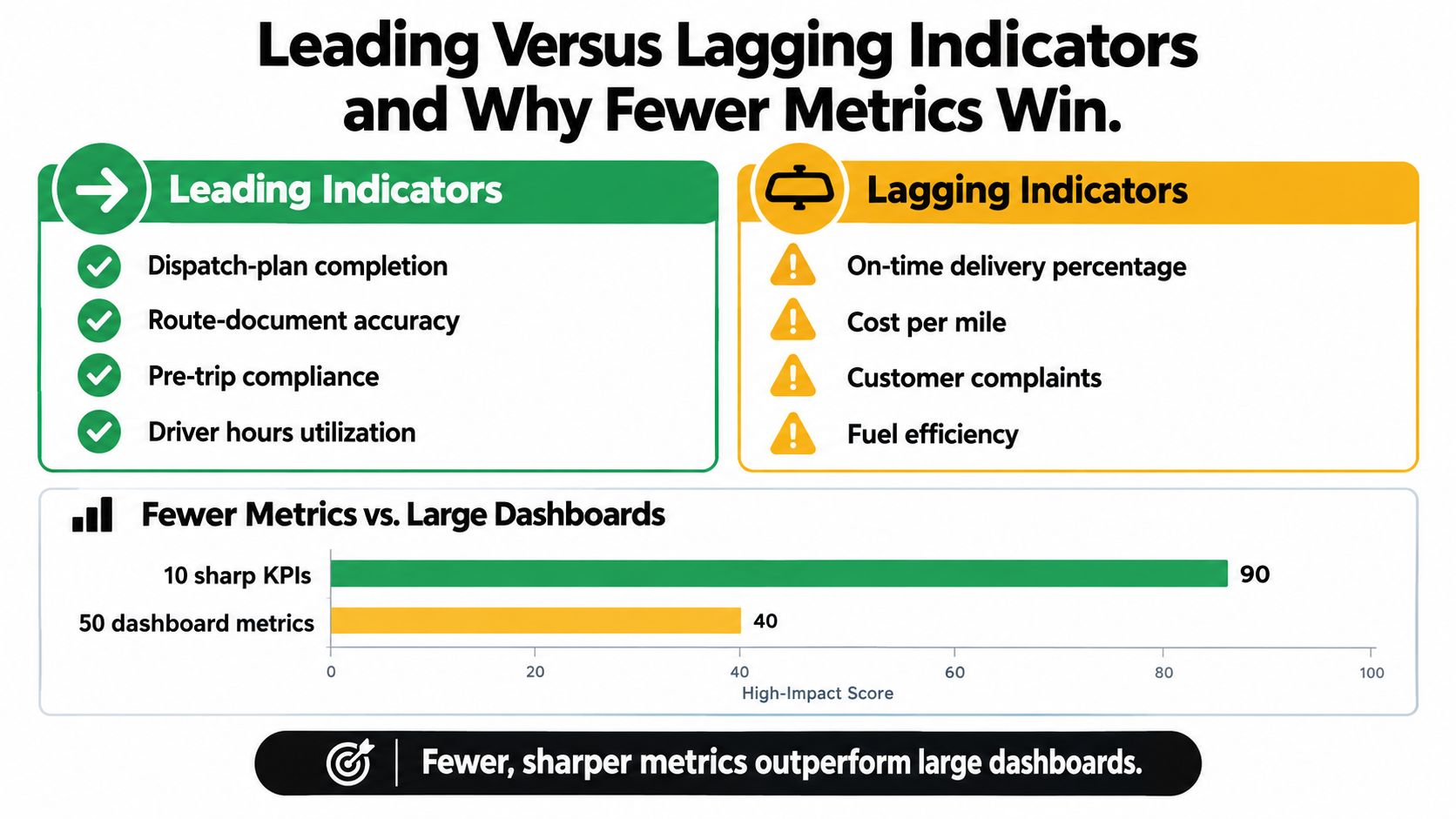 A chart comparing leading versus lagging indicators for performance management and emphasizing fewer, sharper metrics over large dashboards.