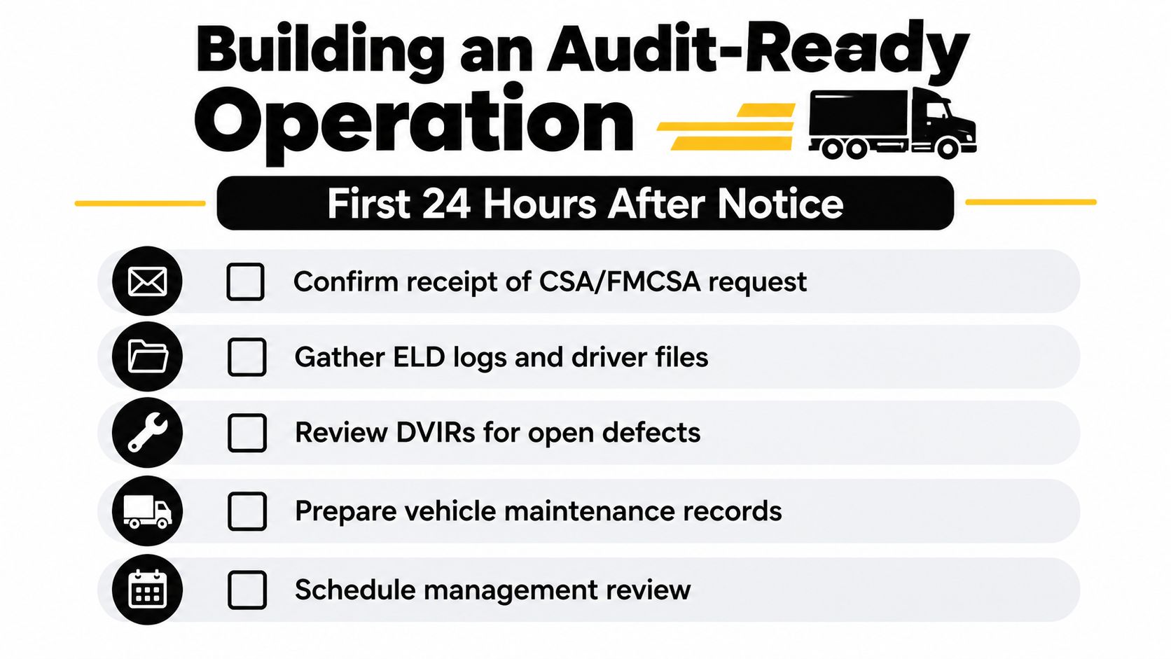 A checklist for trucking companies to prepare for a CSA or FMCSA audit within the first 24 hours.
