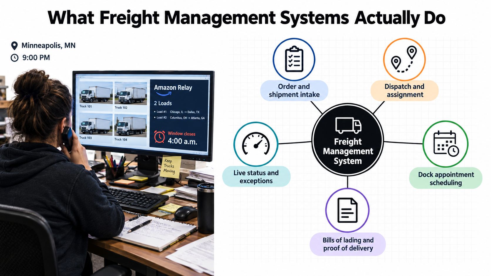A dispatcher uses a freight management system on a computer screen to oversee shipping and logistics operations.