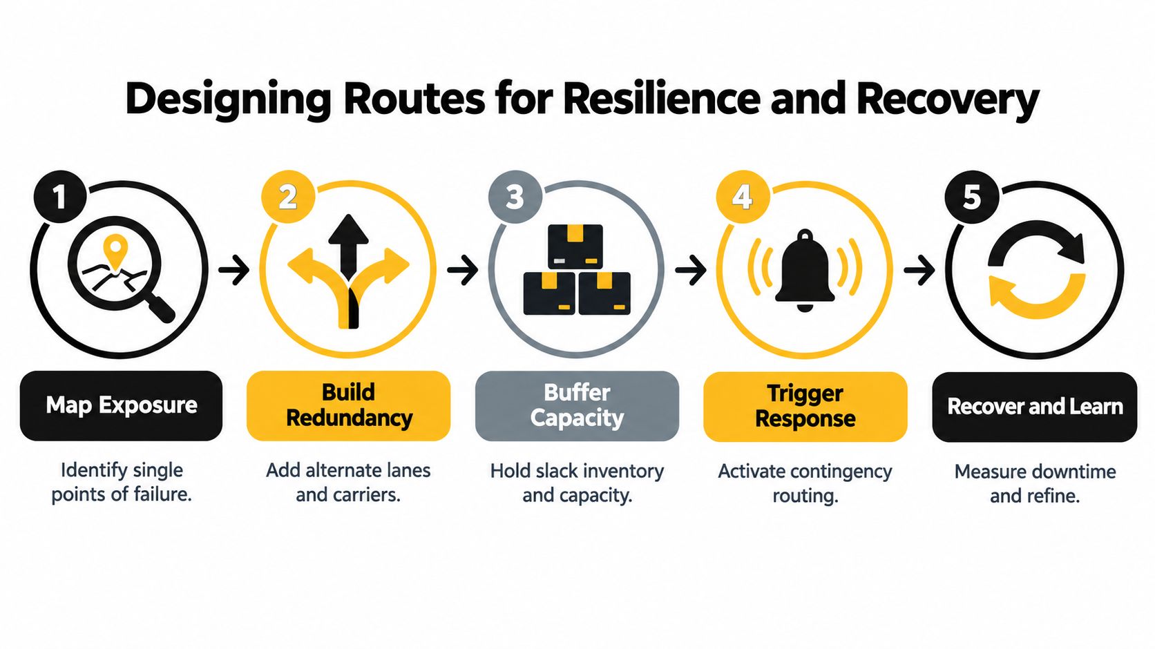 A five-step infographic showing the process for designing supply chain routes for resilience and recovery.