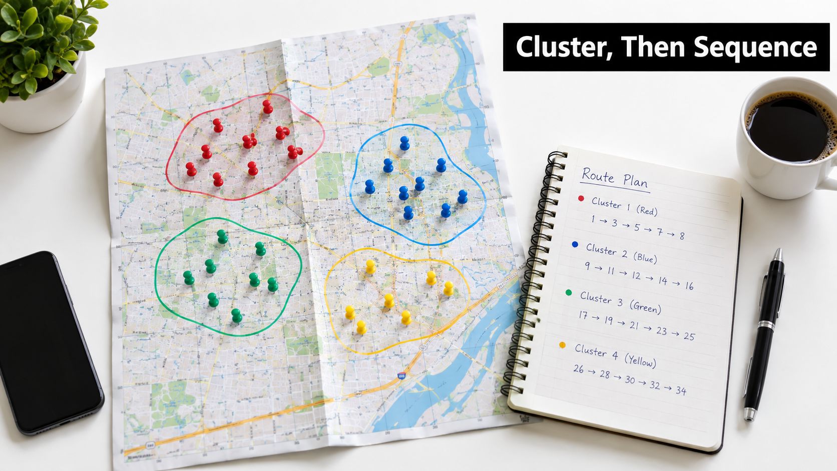 A map with colored pin clusters and a notepad displaying planned sequential delivery routes for drivers.