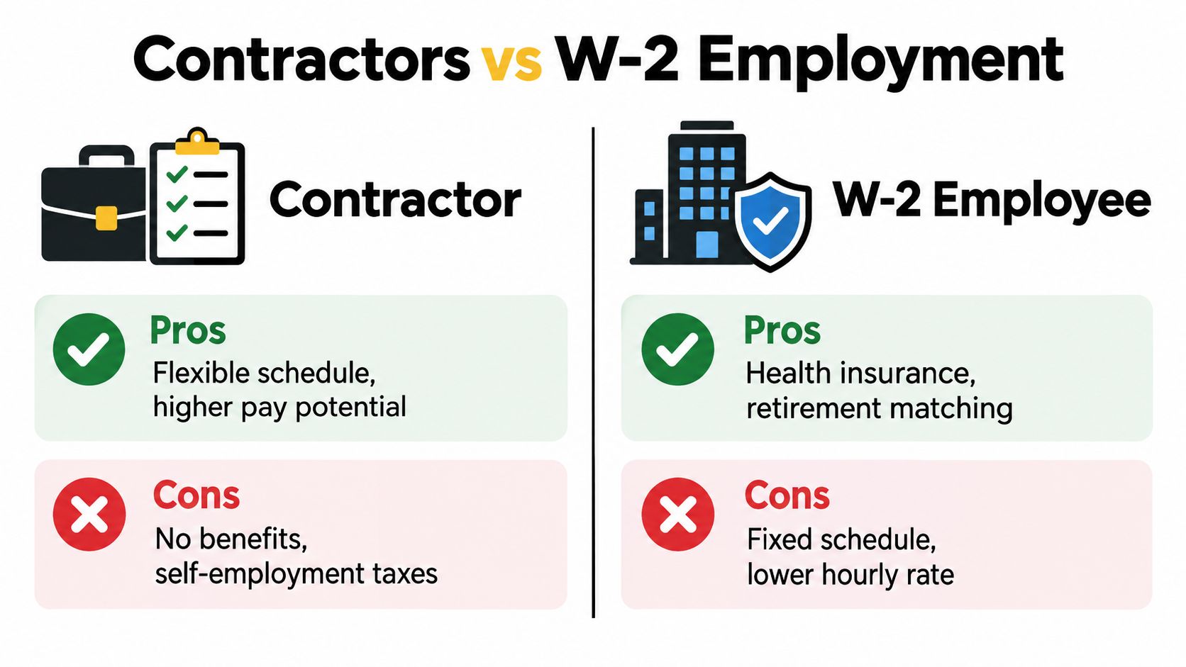 A comparison chart outlining the pros and cons of working as a contractor versus a W-2 employee.