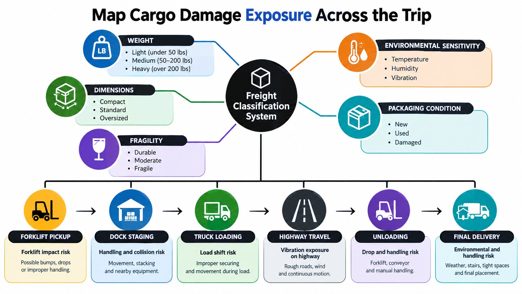 A diagram mapping out the factors and transit stages involved in cargo damage exposure during shipping.