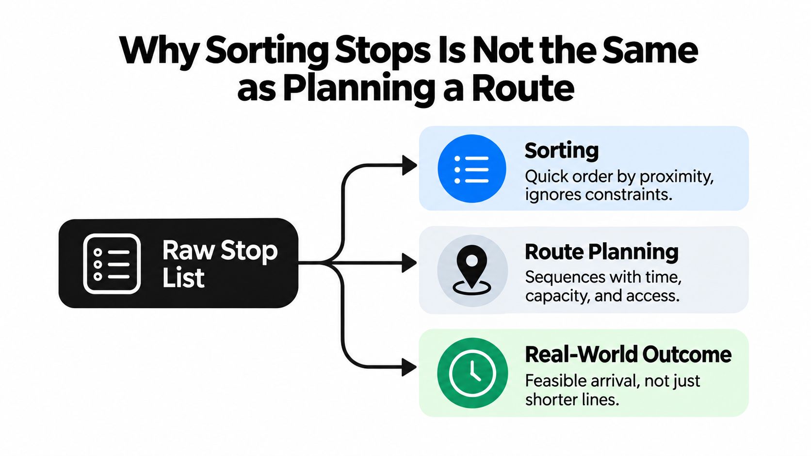 A diagram comparing raw stop lists, simple proximity sorting, route planning, and real-world delivery outcomes.