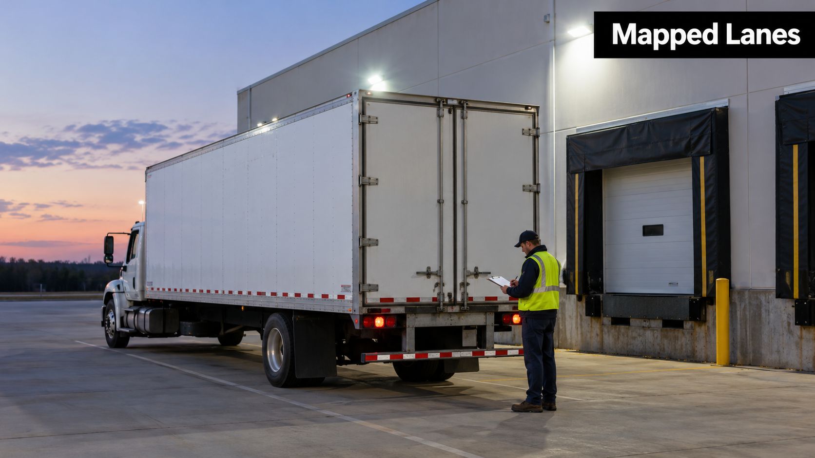 A truck driver in a high-visibility vest inspects a parked semi-truck at a warehouse loading dock.