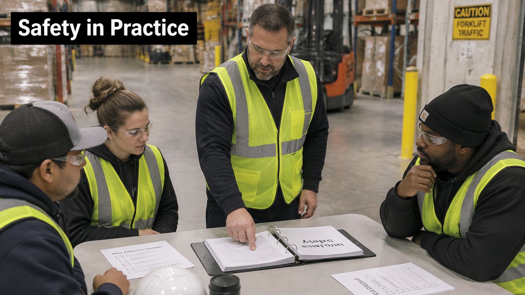 A diverse team of warehouse workers meeting with their supervisor to discuss safety procedures in a facility.