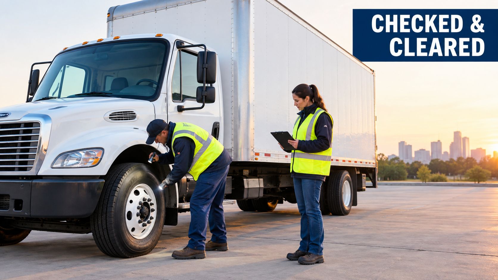 A professional truck inspector checks a vehicle tire while a colleague documents the safety inspection on a clipboard.