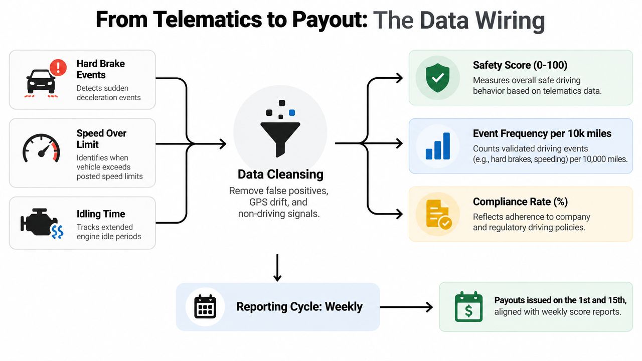 A diagram illustrating how telematics data is cleansed to calculate driver safety scores and performance payout metrics.