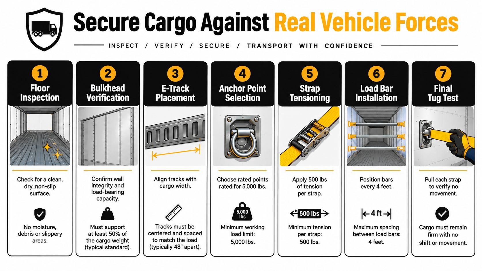 A seven-step instructional infographic on securing cargo against vehicle forces, featuring icons and descriptive text for professionals.