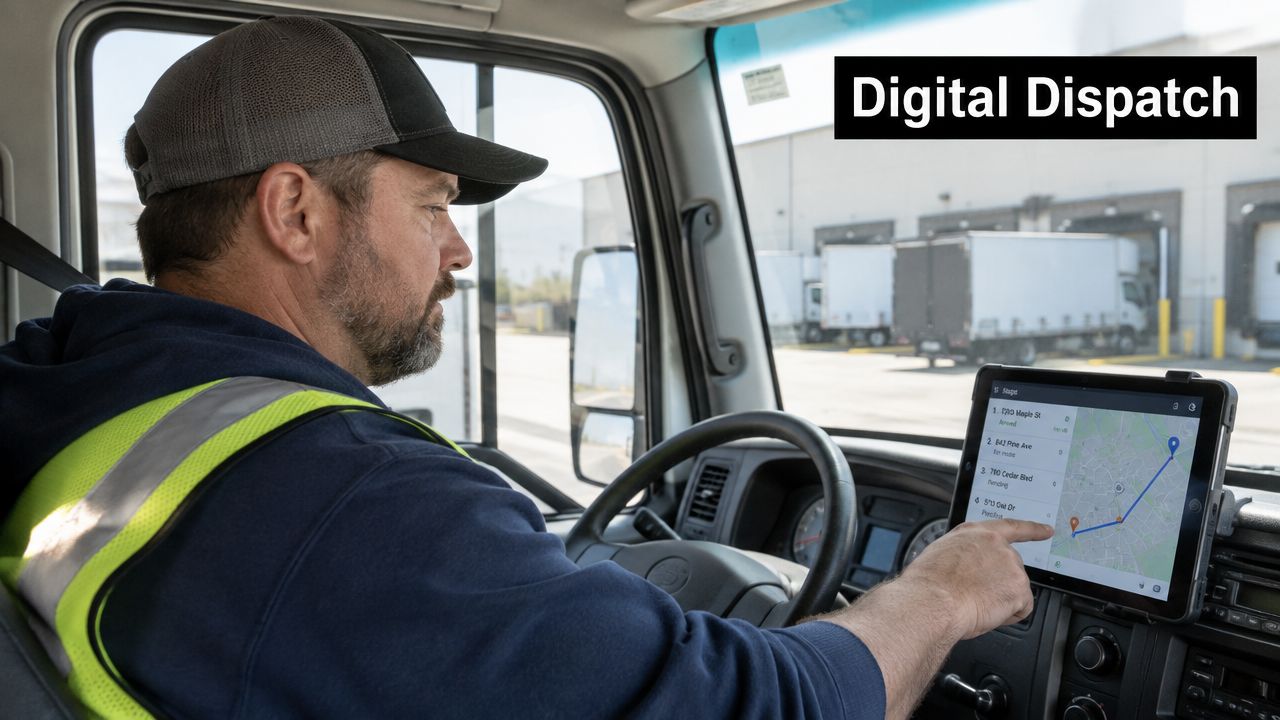 A truck driver using a digital tablet for dispatch management while sitting inside his vehicle cab.