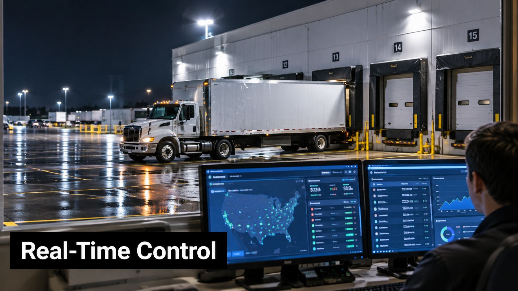 A logistics dispatcher monitors real-time freight distribution and fleet tracking on computer screens at a warehouse facility.