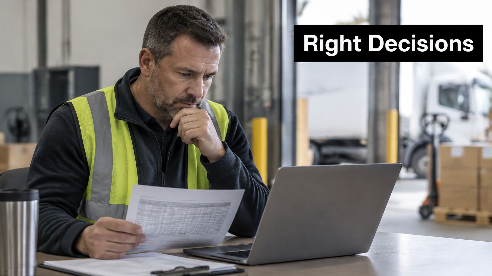 A warehouse manager in a high-visibility vest reviews data on a laptop and paper documents.