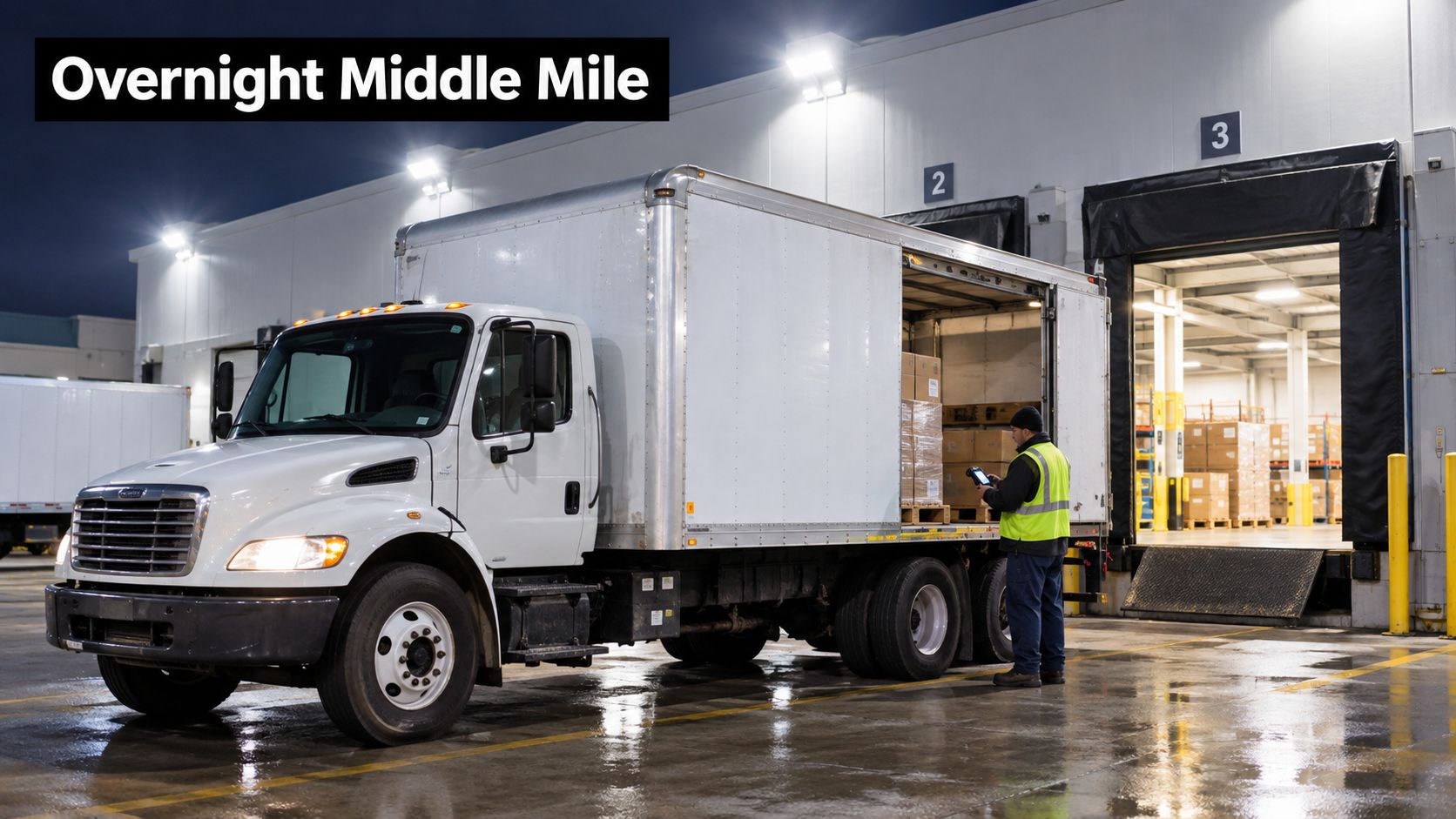 A worker in a reflective vest scans cargo inside a delivery truck at a distribution warehouse facility.