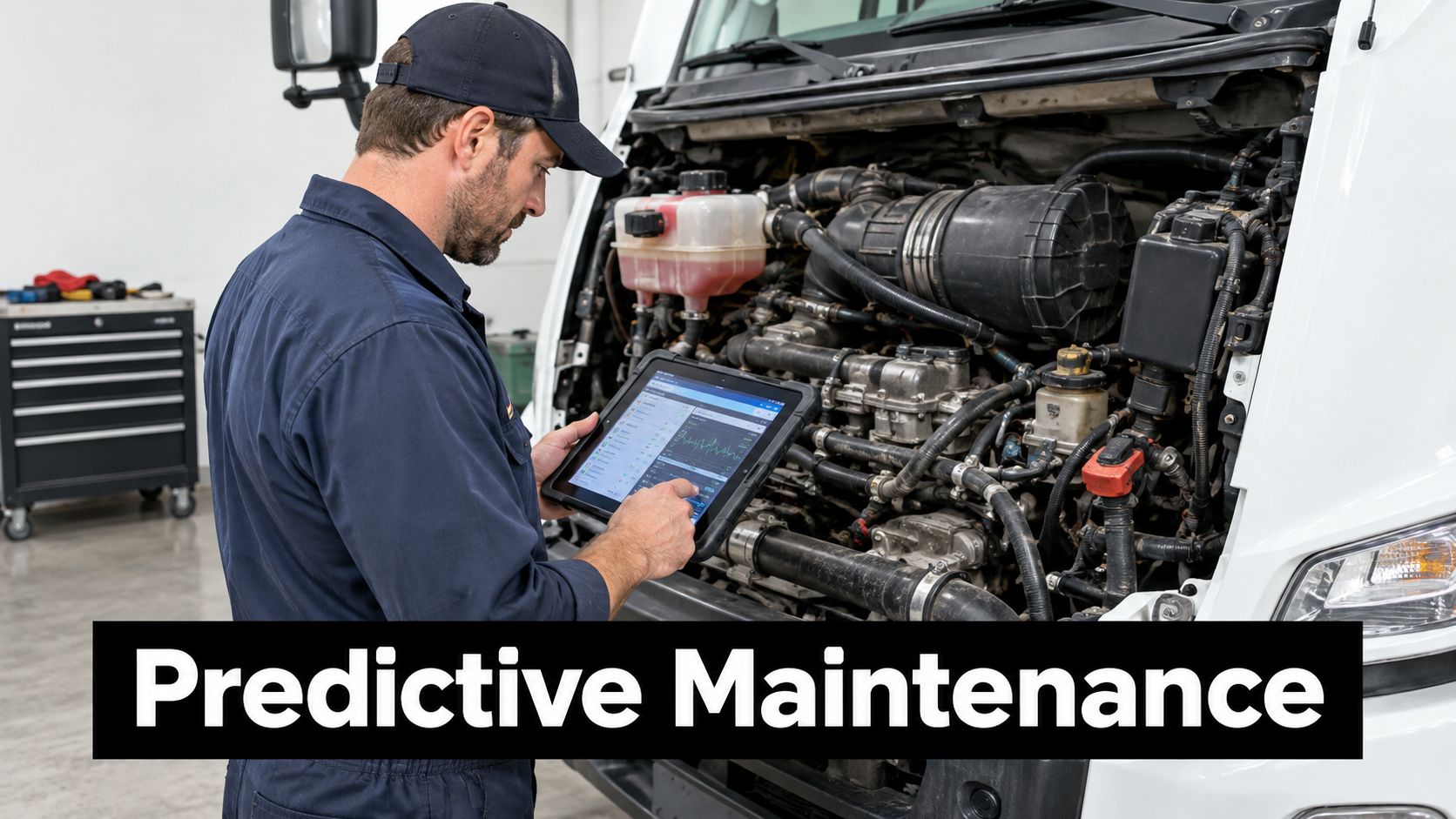 A professional mechanic inspecting a large truck engine using a diagnostic tablet for predictive maintenance analysis.