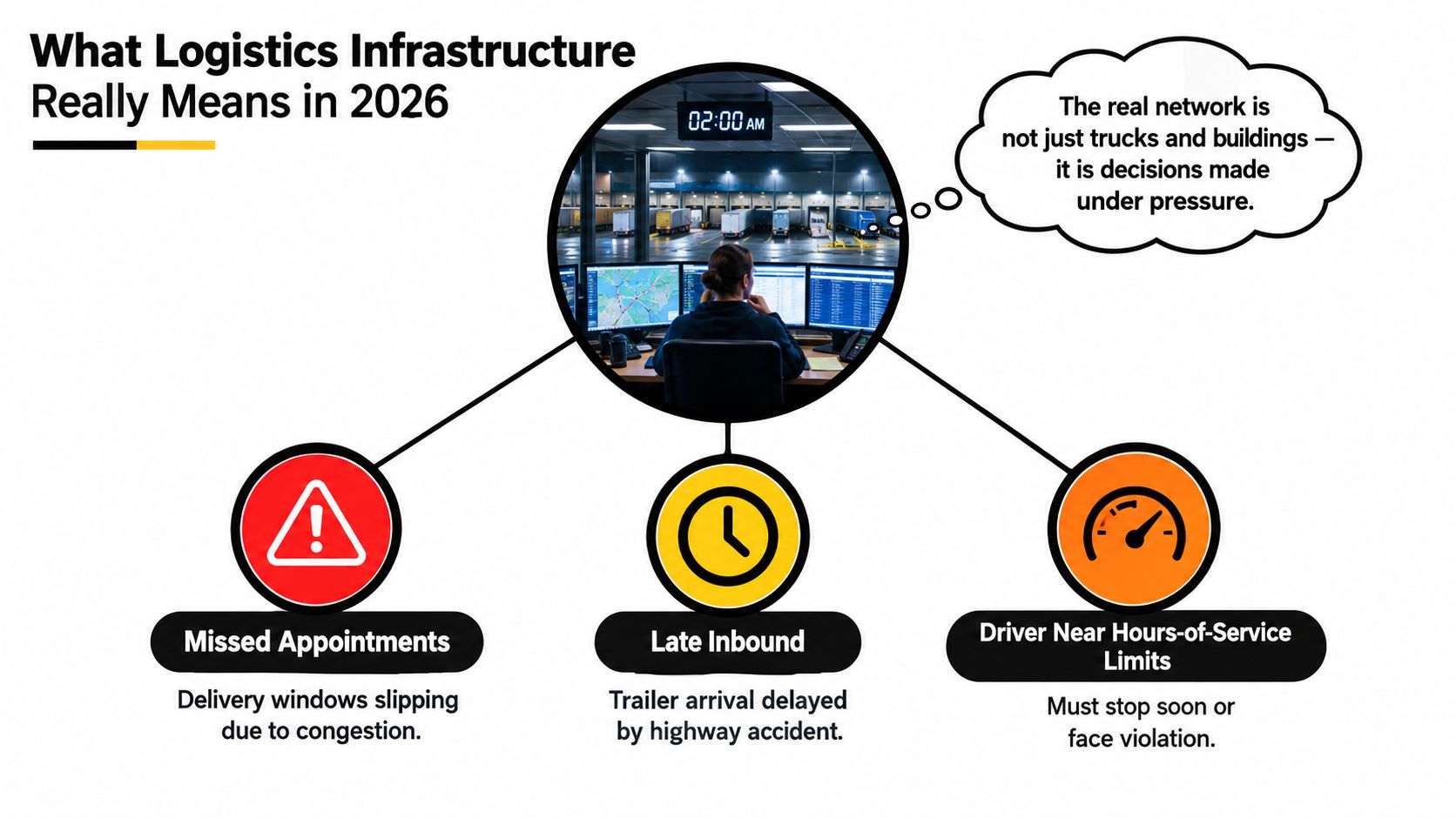 A conceptual graphic illustrating modern logistics challenges with a dispatcher overseeing warehouse operations and urgent issues.