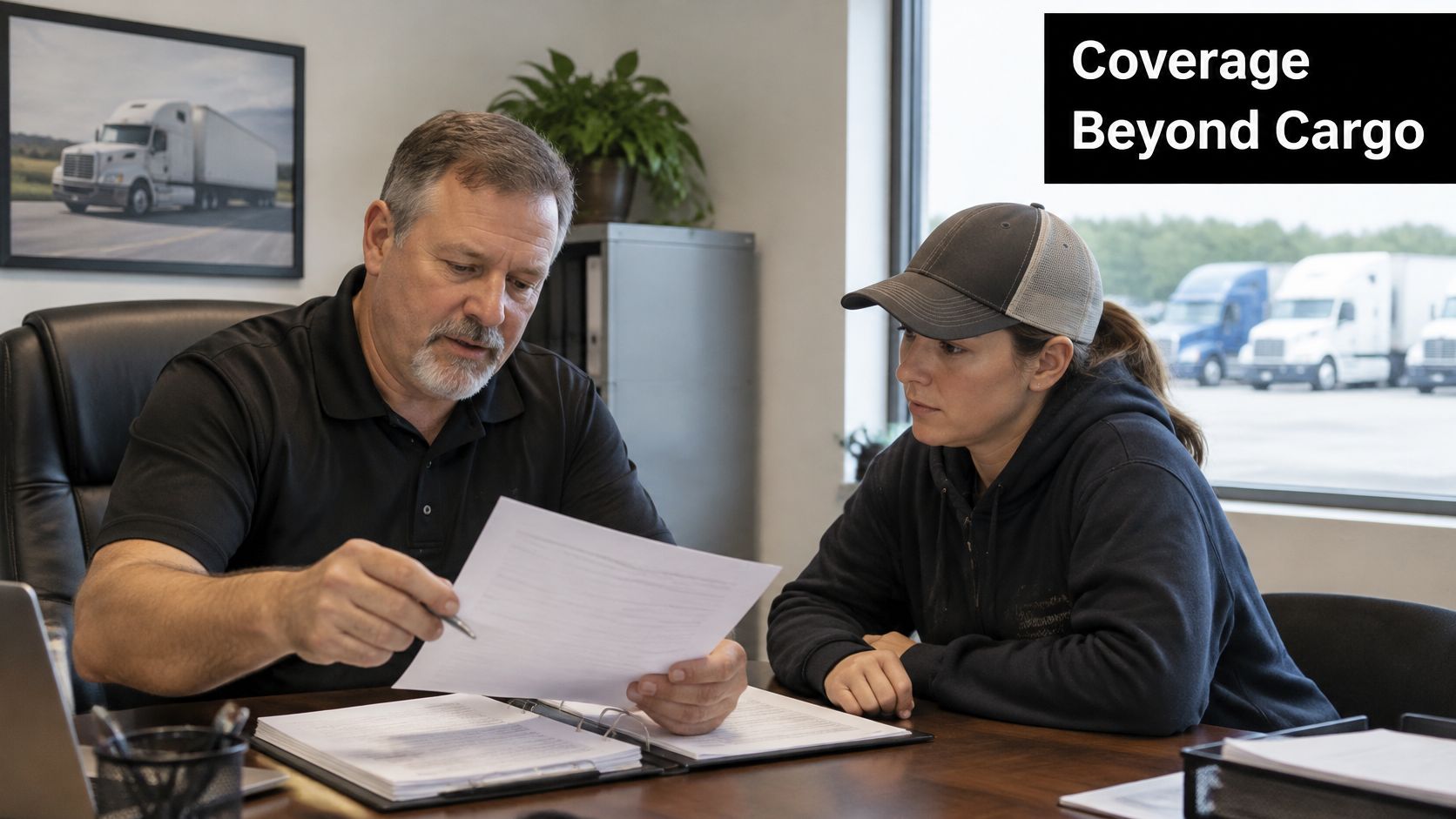 A professional man and a woman in a cap reviewing insurance documents in a bright office.