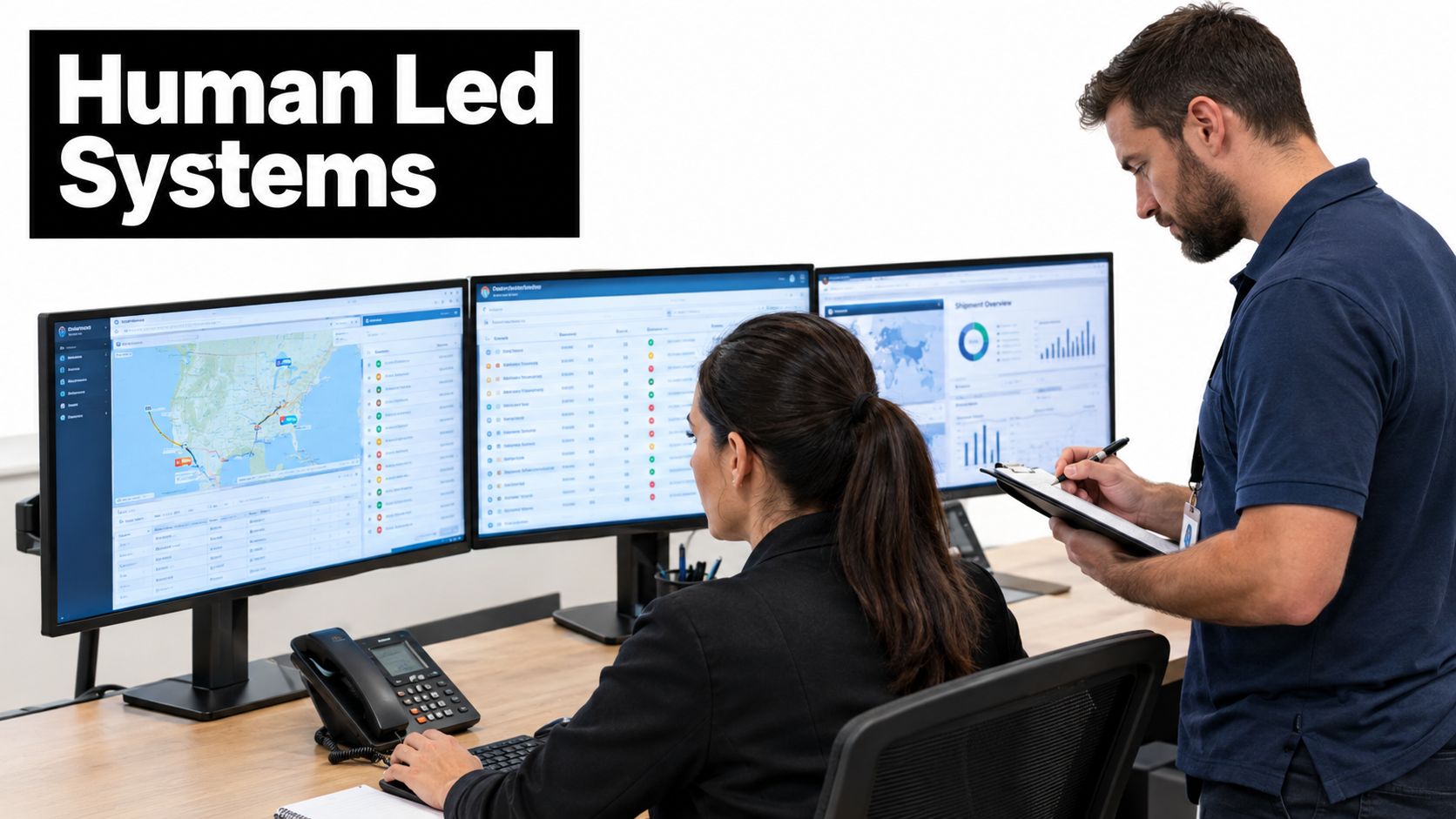 A professional man and woman working together on logistics and supply chain data at computer screens.