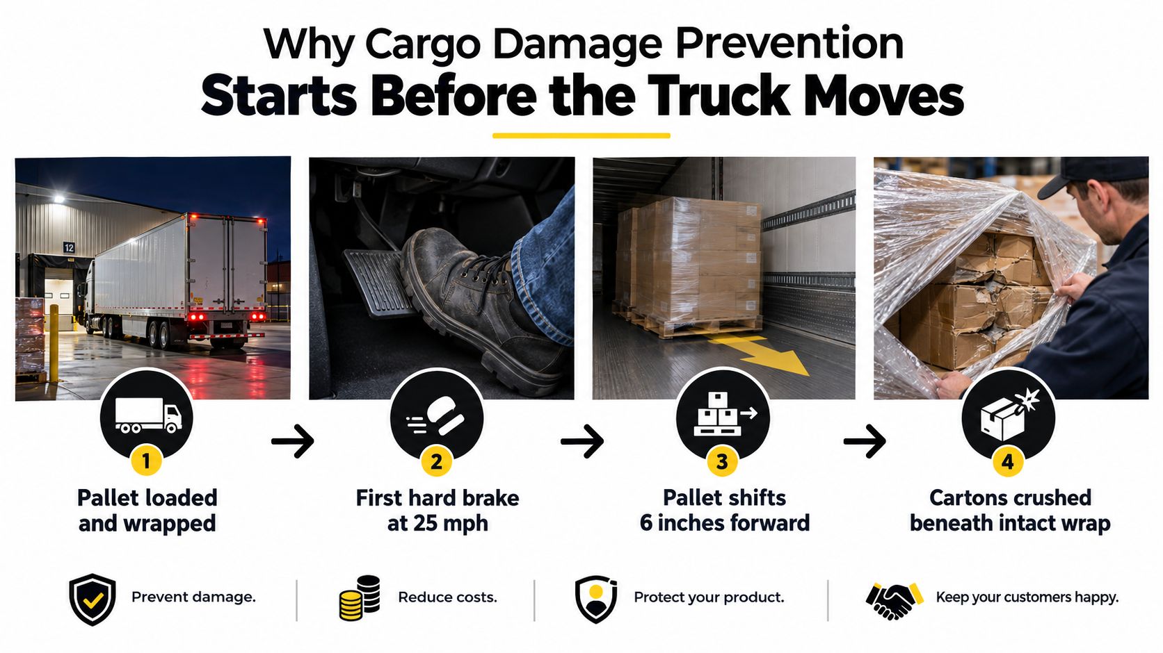 A four-step infographic showing how poor pallet loading leads to cargo damage during sudden braking in transport.