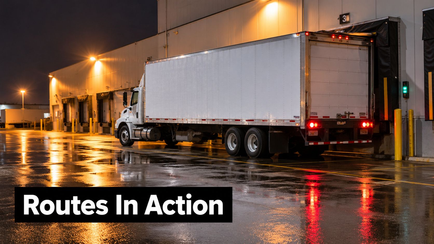 A large semi-truck parked at a loading dock at night with wet pavement reflecting bright lights.