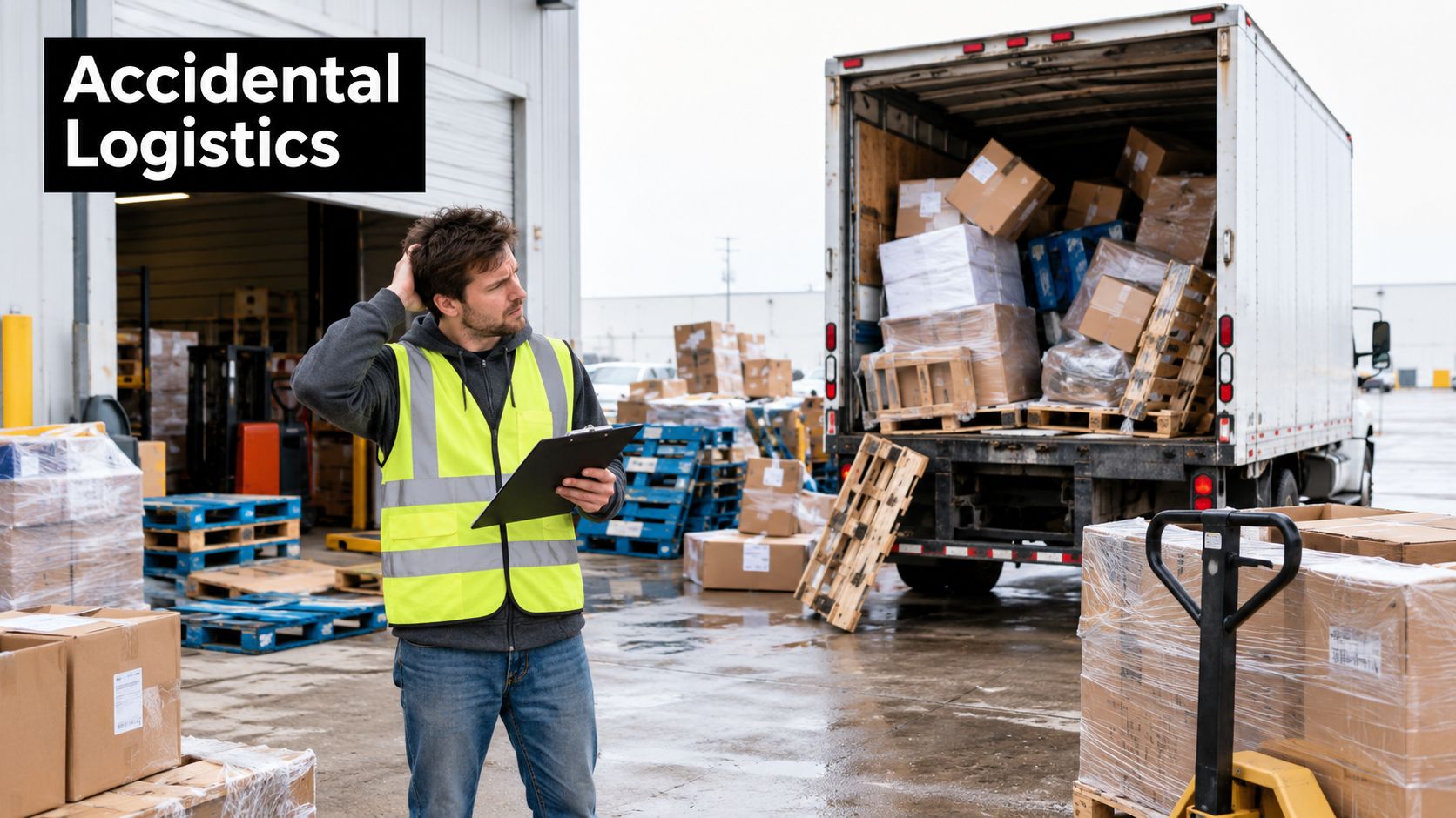 A confused warehouse worker wearing a high-visibility vest reviews a clipboard in front of a delivery truck.