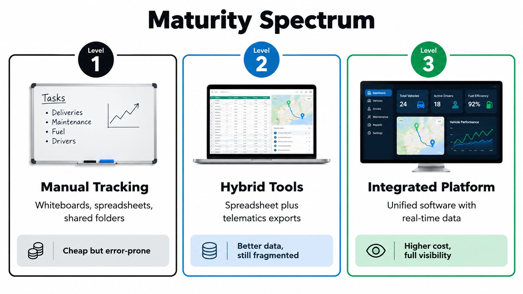 A Maturity Spectrum infographic displaying three levels of fleet tracking ranging from manual methods to integrated platforms.