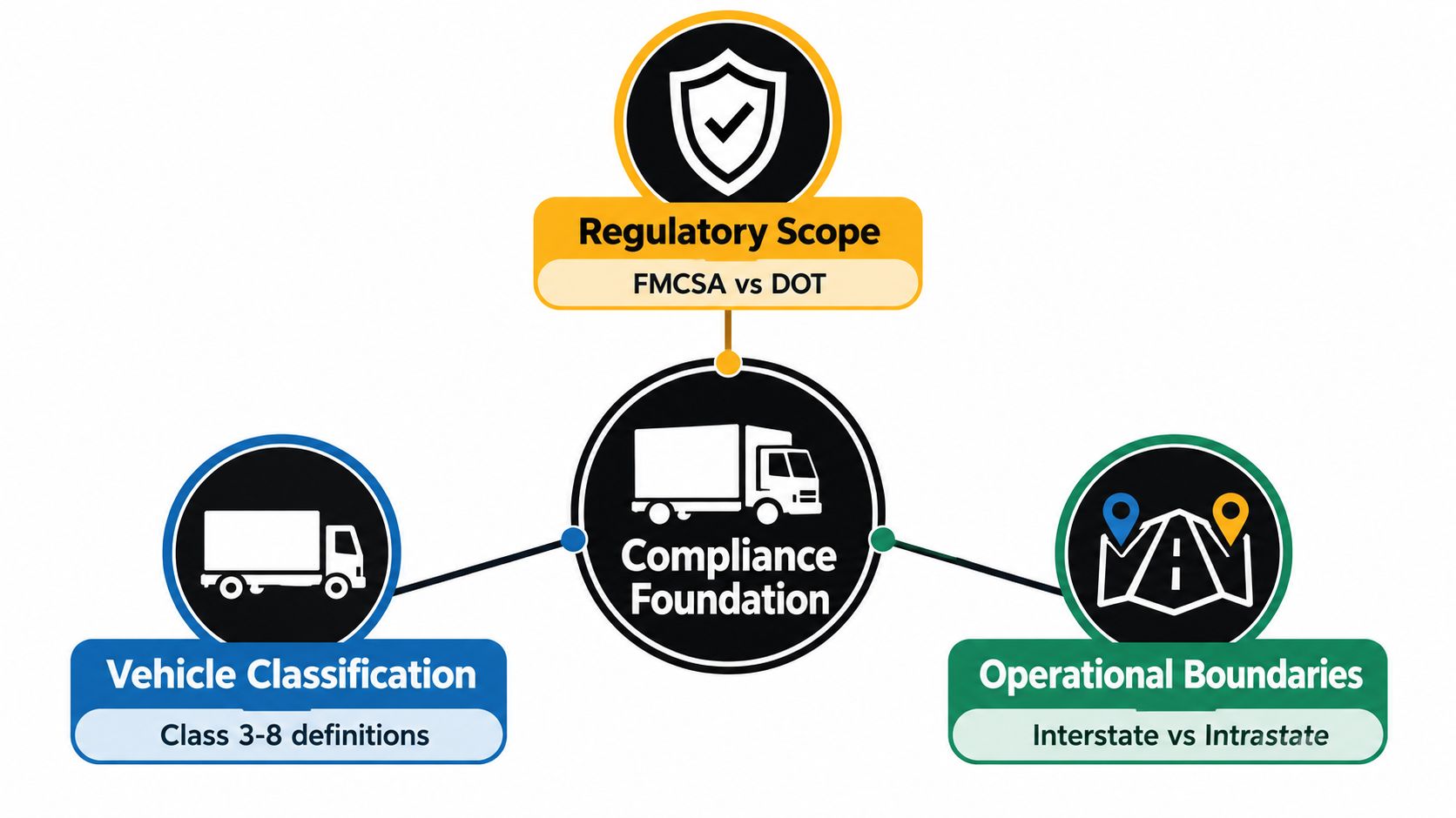 A diagram illustrating the Compliance Foundation for trucks including regulatory scope, vehicle classification, and operational boundaries.
