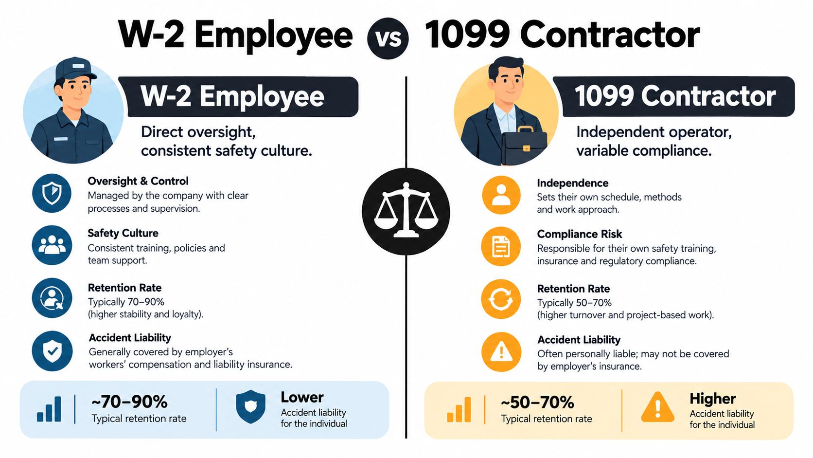 A comparison chart outlining the differences between W-2 employees and 1099 contractors regarding oversight, safety, and liability.