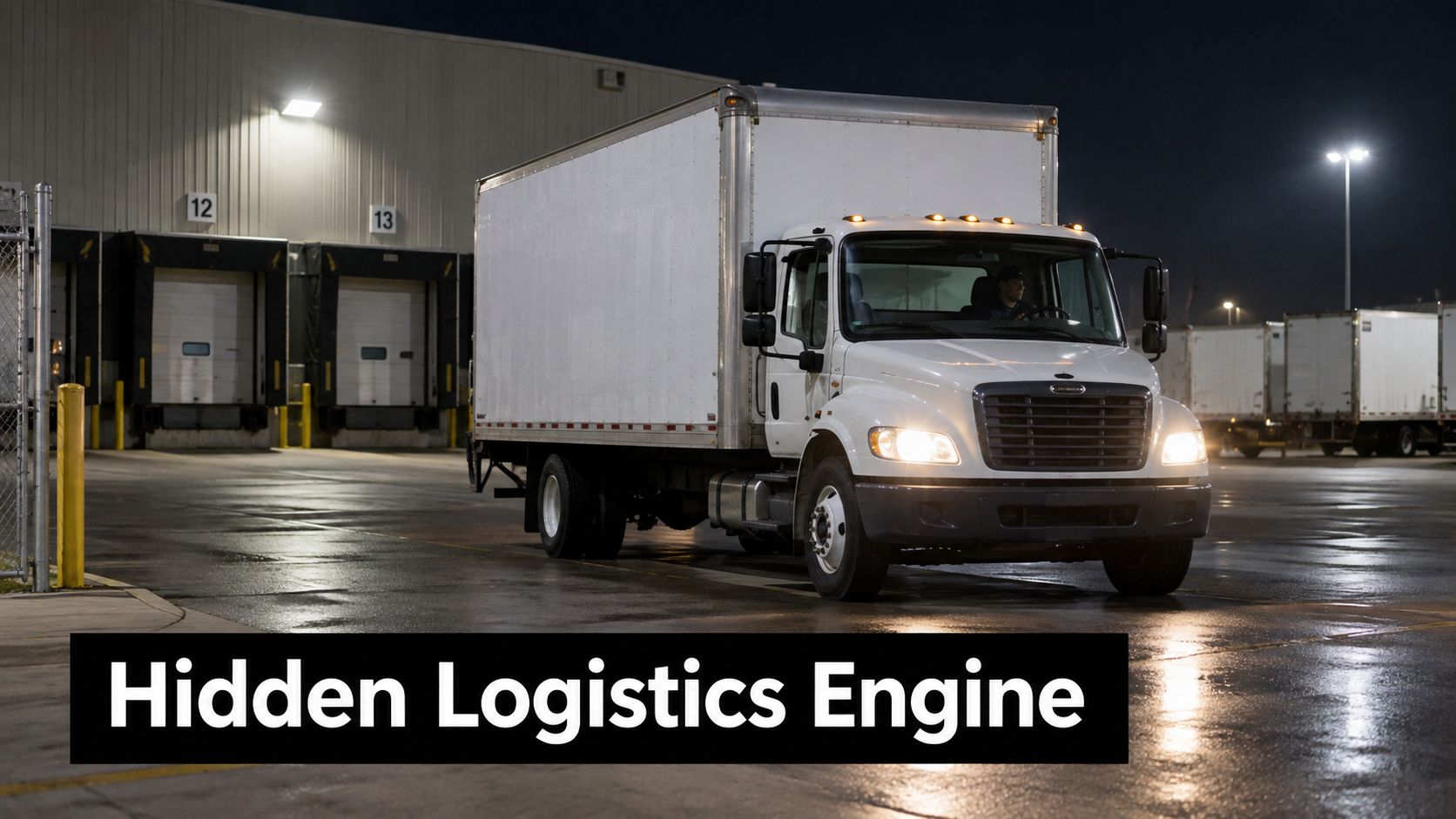 A white box truck parked in front of a warehouse loading dock at night during rain.