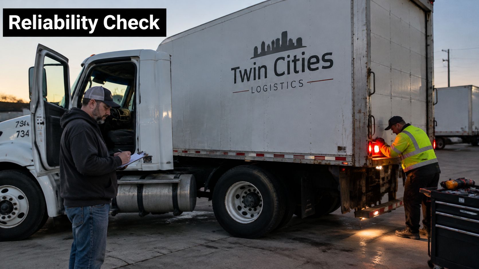 A truck driver and a technician perform a routine inspection on a commercial logistics vehicle at sunset.