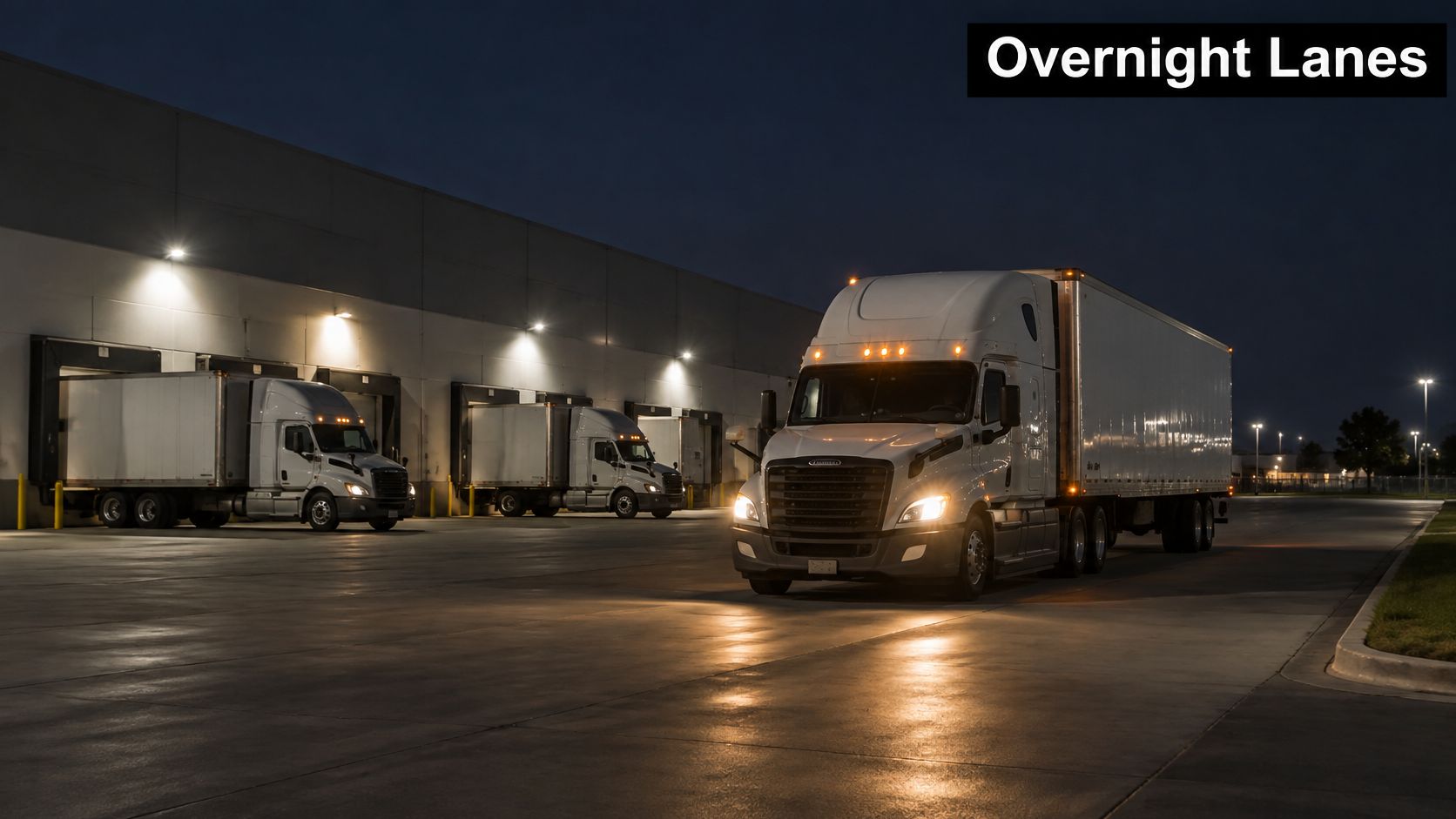 A semi-truck enters a warehouse yard at night with other trucks docked at loading bays.